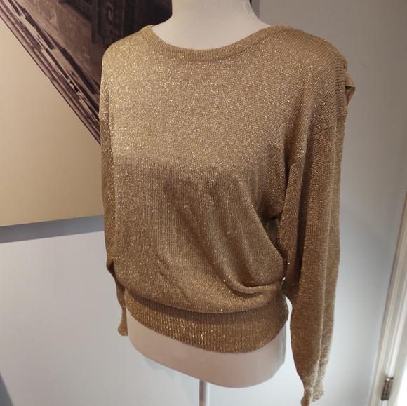 Vintage Dramatic Gold Lame Lurex Draped Open Back Evening Sweater | Sz 12-14 - Picture 3 of 13